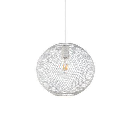 The Aeron 1 Light Pendant - White, 28cm showcases a spherical design with a mesh-like geometry in white, hanging gracefully by a slender cord. Its interior houses an exposed dimmable bulb that casts a warm glow, adding an industrial touch against the simple white backdrop.