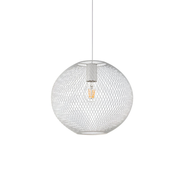 The Aeron 1 Light Pendant - White, 28cm showcases a spherical design with a mesh-like geometry in white, hanging gracefully by a slender cord. Its interior houses an exposed dimmable bulb that casts a warm glow, adding an industrial touch against the simple white backdrop.