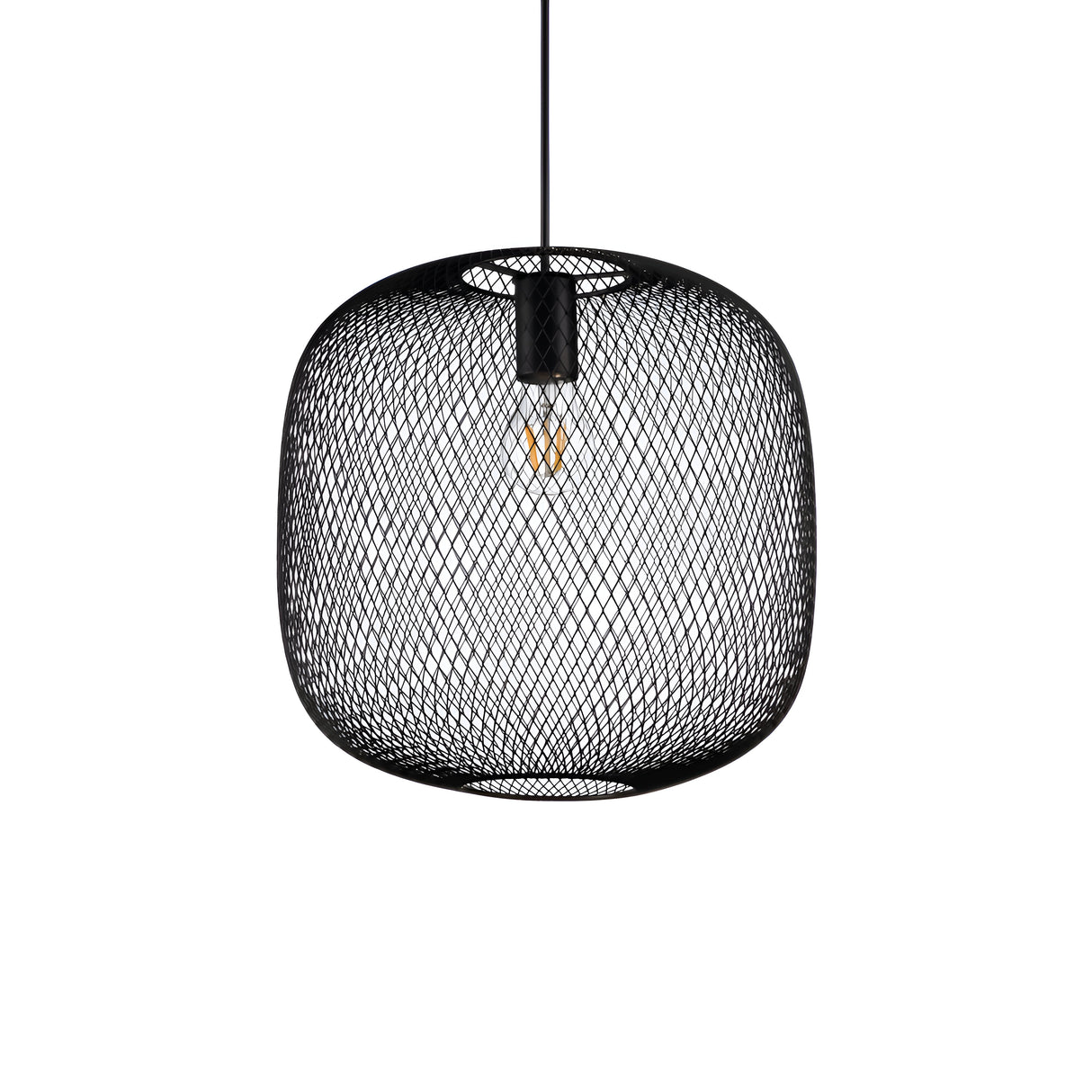 The Aeron 1 Light Pendant - Black, 34cm showcases a black wire mesh design that seamlessly combines industrial materials with modern elegance. Suspended gracefully from the ceiling, its partially visible bulb emits a gentle glow, highlighting the sophisticated charm of its round shape.
