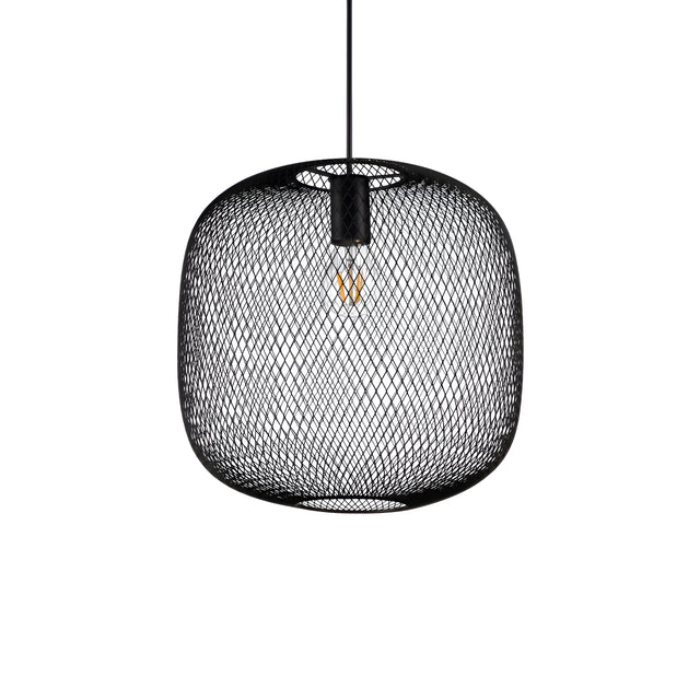 The Aeron 1 Light Pendant - Black, 34cm showcases a black wire mesh design that seamlessly combines industrial materials with modern elegance. Suspended gracefully from the ceiling, its partially visible bulb emits a gentle glow, highlighting the sophisticated charm of its round shape.