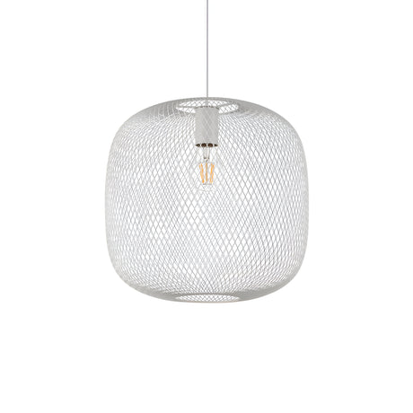 The Aeron 1 Light Pendant - White, 34cm features a modern design with a spherical wire mesh that suspends gracefully from a thin cable. Designed for minimalist décor, its metallic mesh showcases the visible bulb inside, elevating its contemporary appeal. Against a plain white background, this lighting piece enhances any space with its sleek charm and elegant ambience.