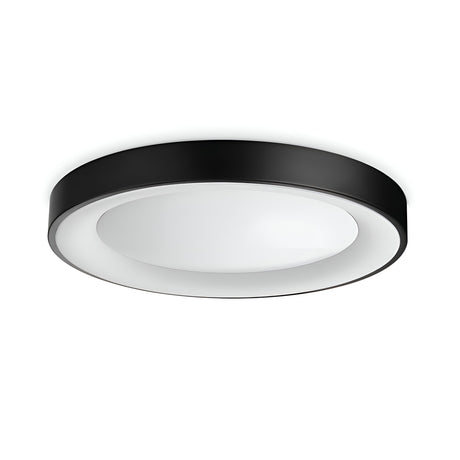 The Solisca LED Ceiling & Wall Light 28W 3000K - Black, featuring a sleek black outer rim and a smooth, diffused white center, is designed to offer soft and even illumination while being energy-efficient.