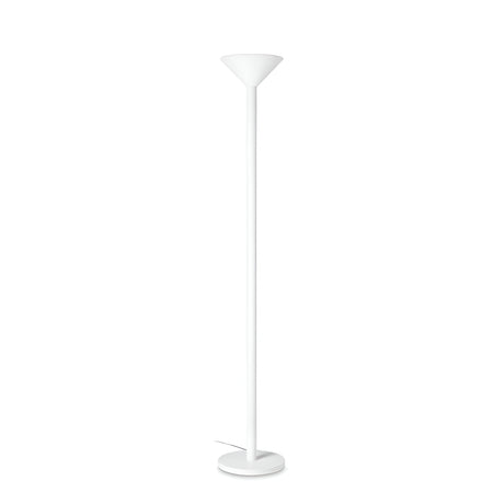 The Arion Floor Lamp - White features a sleek, modern design with a circular base and an upward-facing, bowl-shaped lampshade. It comes equipped with an E27 bulb socket and stands gracefully against a plain white backdrop.