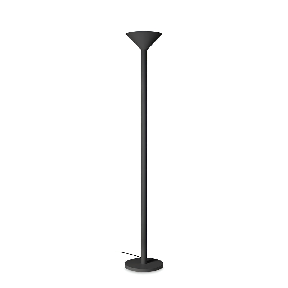 The Arion Floor Lamp - Black is a modern lighting fixture with a tall, sleek frame crafted from premium metal. Featuring a cone-shaped shade and round base, this lamp embodies minimalistic design. Its slim profile enhances contemporary decor, and the visible cord is neatly positioned at the base.