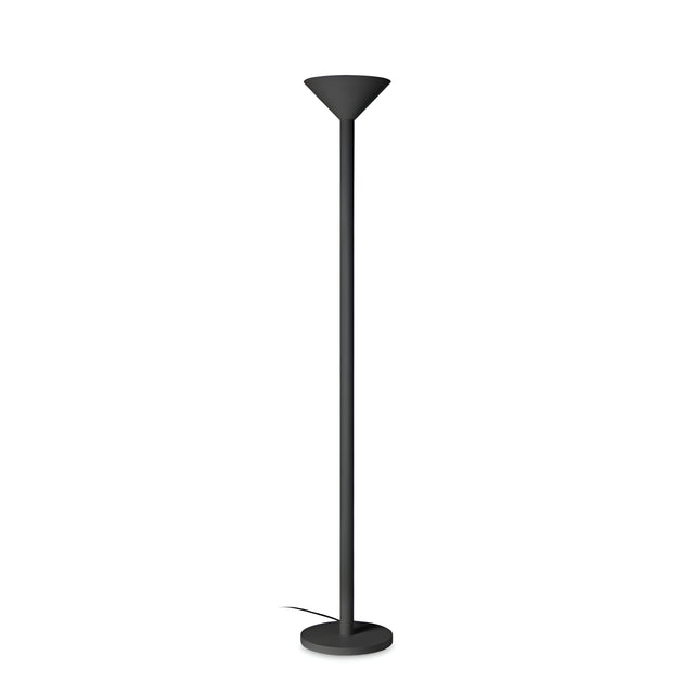 The Arion Floor Lamp - Black is a modern lighting fixture with a tall, sleek frame crafted from premium metal. Featuring a cone-shaped shade and round base, this lamp embodies minimalistic design. Its slim profile enhances contemporary decor, and the visible cord is neatly positioned at the base.