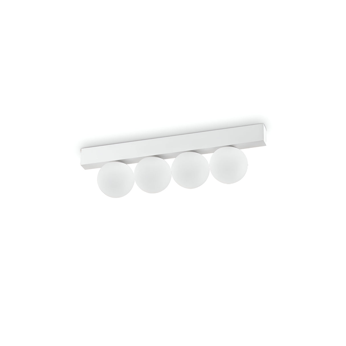 The Lyria 4 Light Wall Light 12W 3000K - White offers a minimalist lighting solution, showcasing a rectangular white base complemented by four evenly spaced spherical bulbs. This design embodies the elegance of contemporary interiors, set against a plain white background for a modern and refined appearance.