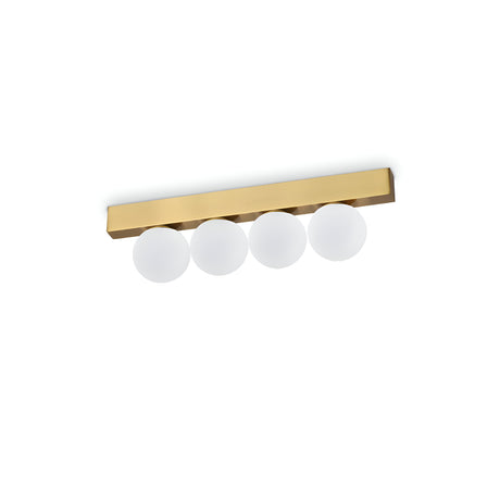 The Lyria 4 Light Wall Light 12W 3000K - Gold showcases a sleek rectangular gold base with a brushed brass finish, complemented by four evenly spaced spherical white glass bulbs. Its minimalist design seamlessly exudes contemporary elegance, making it an ideal complement to a plain white backdrop.