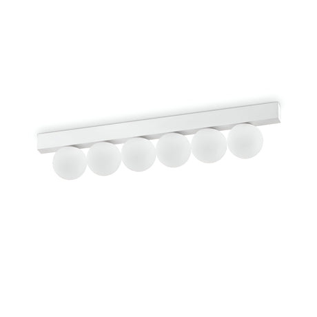 The Lyria 6 Light Wall Light 18W 3000K - White showcases a contemporary design with a rectangular white base and six evenly spaced, spherical bulbs. This minimalist lighting fixture offers energy-efficient functionality while seamlessly enhancing any modern interior.