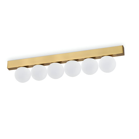 A sleek gold bar houses six frosted glass globes, evenly spaced to provide a striking contrast against a white background. This elegant home decor piece, named the Lyria 6 Light Wall Light 18W 3000K - Gold, epitomizes modern and minimalist lighting design.