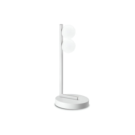 Experience energy-efficient modern lighting with the Lyrica LED Table Lamp 6W 3000K - White, boasting a minimalist design with a vertical rod and two frosted glass spheres stacked on a round base.