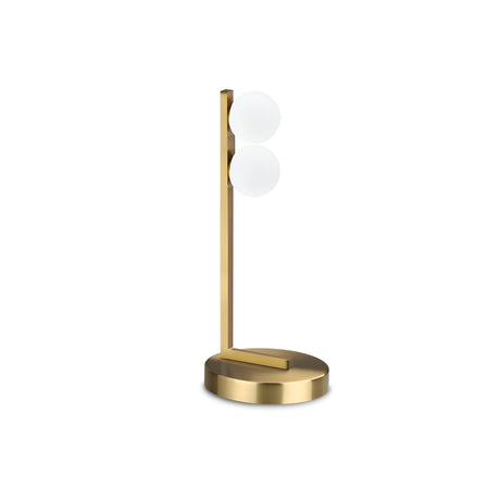 The Lyrica LED Table Lamp 6W 3000K boasts a modern design with a brass finish and round base, featuring two frosted glass globes stacked vertically to provide an energy-efficient glow.