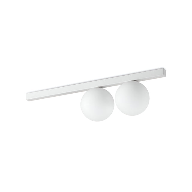 The Phostis 2 Light Ceiling & Wall Light - White is a versatile fixture with a minimalist design, featuring a horizontal white bar and two round, white blown glass diffusers suspended below it.