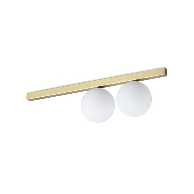 The Phostis 2 Light Ceiling & Wall Light - Gold showcases a minimalist design with two round white blown glass diffusers, beautifully suspended from a rectangular gold base.