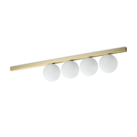 Explore the elegance of the Phostis 4 Light Ceiling & Wall Light - Gold, featuring a modern design with four evenly spaced round white glass globes set against a simple white backdrop. Its sleek gold finish adds a touch of sophistication to any space.