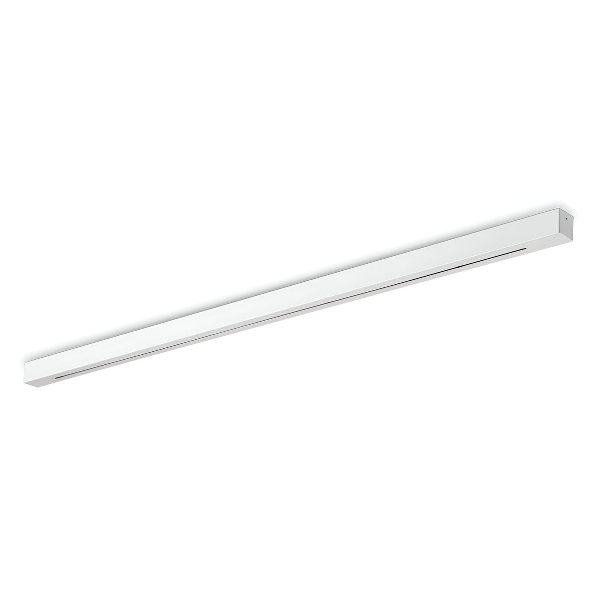 The Glacia Base Canopy 6 Light Rectangle in white features a sleek, minimalist design with a long rectangular LED fixture resting on its matching canopy, making it an ideal choice for modern interior spaces.
