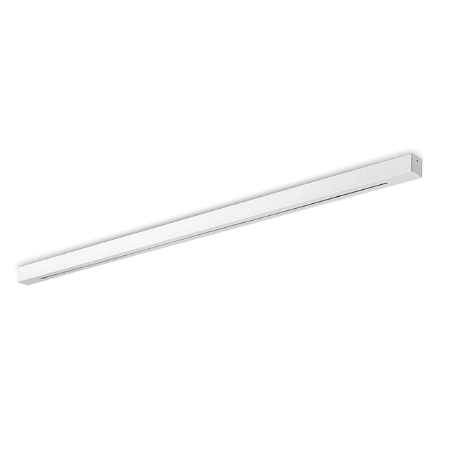 The Glacia Base Canopy 6 Light Rectangle in white features a sleek, minimalist design with a long rectangular LED fixture resting on its matching canopy, making it an ideal choice for modern interior spaces.