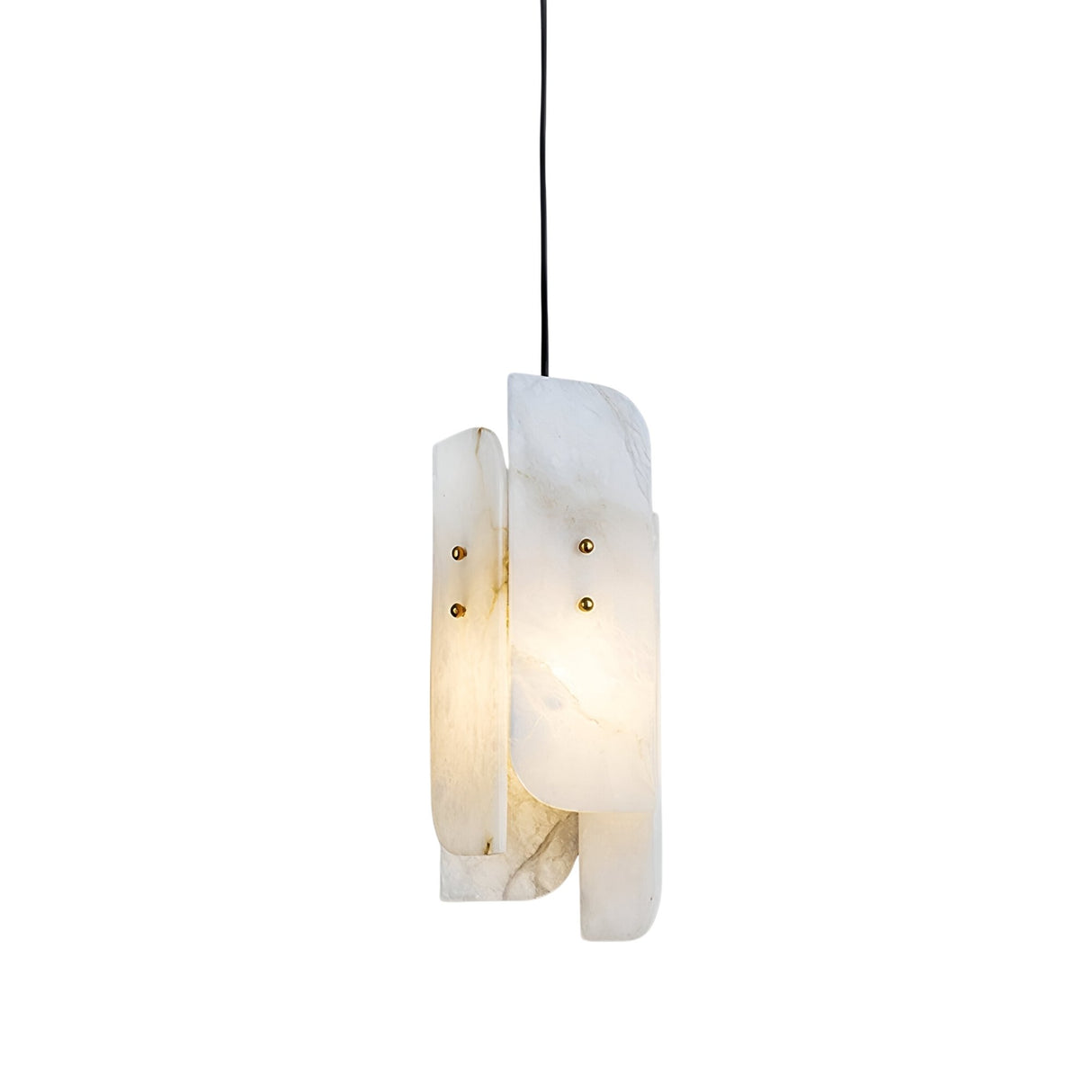 The Lioren 1 Light Vertical Slab Alabaster Single Pendant Light features curved, layered soft white panels with gold accents and a black cord, emitting a gentle glow through translucent alabaster.