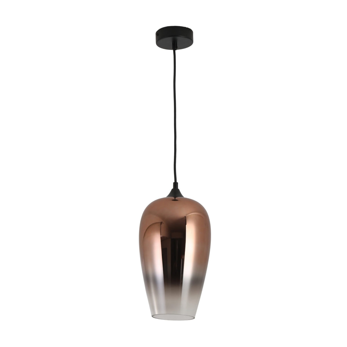 Niori Slice teardrop glass pendant light with copper ombre shade fading to clear, suspended from a black braided cable and matt black ceiling rose.