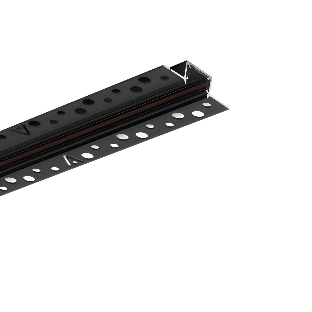 Close-up view of the Viora Magnetic Linear Recessed Track Light in black, featuring a sleek matte finish and a series of round holes with attached brackets. This industrial-style fixture is designed for mounting or structural support against the white background.