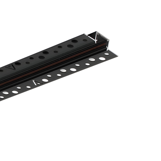 Close-up view of the Viora Magnetic Linear Recessed Track Light in black, featuring a sleek matte finish and a series of round holes with attached brackets. This industrial-style fixture is designed for mounting or structural support against the white background.