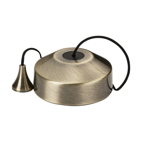 The 10AX 2-Way Pull Cord Switch in antique brass boasts a sleek, round metallic design with an IP20 rating, featuring a pull cord grip on top and an additional small conical cover connected by a black cord.