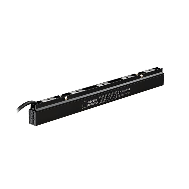 The Viora Constant Voltage Power Supply LED Driver - 150W is a sleek black rectangular device with visible wiring on one end. It features constant voltage capabilities and has technical specifications and warning information labeled on its surface.