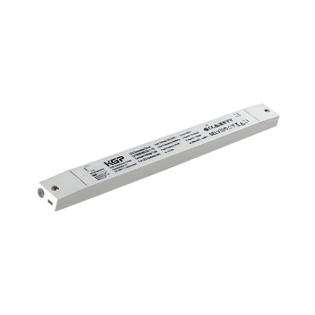 A slim, rectangular Viora Constant Voltage Dimmable LED Driver with a white exterior and printed specifications on its surface. It features connection ports on one end for assured constant voltage delivery and prominently displays the KGP logo. The product is presented against a plain white background.