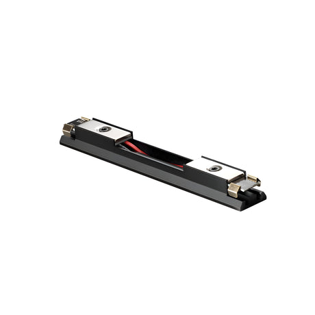 The Viora Magnetic Intermediate Track Lighting Power Connector in black features a modern design with two silver mounting blocks and noticeable red components inside. It's engineered for precision movement, making it ideal for machinery or robotics applications. Its sophisticated design guarantees flawless power connections, thereby enhancing functionality in advanced technological settings.