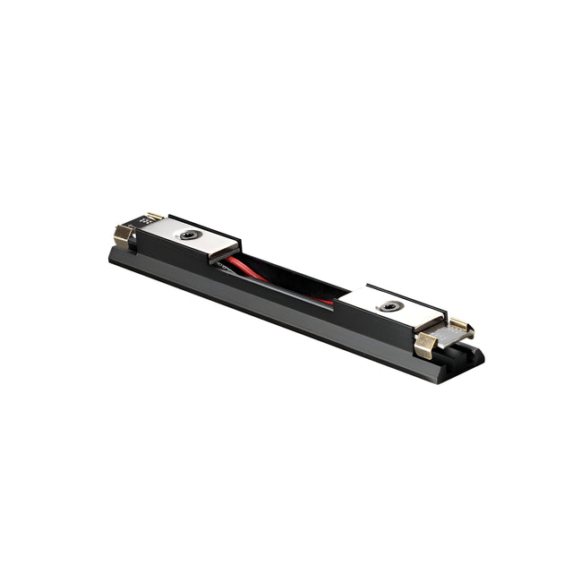 The Viora Magnetic Intermediate Track Lighting Power Connector in black features a modern design with two silver mounting blocks and noticeable red components inside. It's engineered for precision movement, making it ideal for machinery or robotics applications. Its sophisticated design guarantees flawless power connections, thereby enhancing functionality in advanced technological settings.