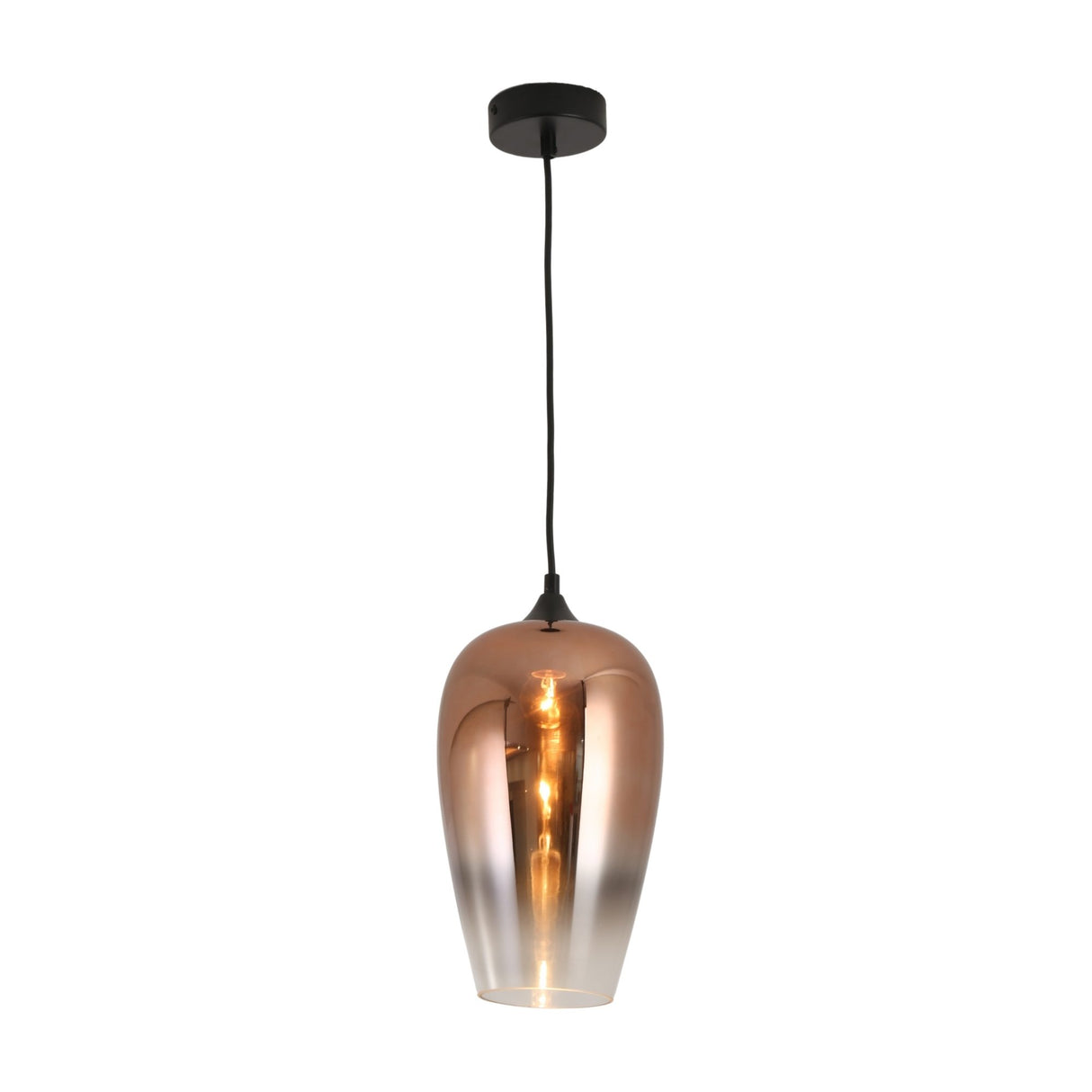 Niori Slice teardrop glass pendant light in copper ombre, fading to clear at the base, with matt black ceiling rose and braided cable.