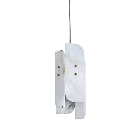 The Lioren 1 Light Vertical Slab Alabaster Single Pendant Light features overlapping soft white alabaster panels with gold fasteners, suspended from a black cord, offering a modern look against a white background.