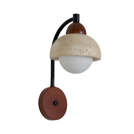 The Corvella 1 Light Dome Travertine Wall Light in Walnut Brown & Light Beige features a round brown base, curved black arm, beige dome shade, and a white globe bulb for warm ambient lighting.