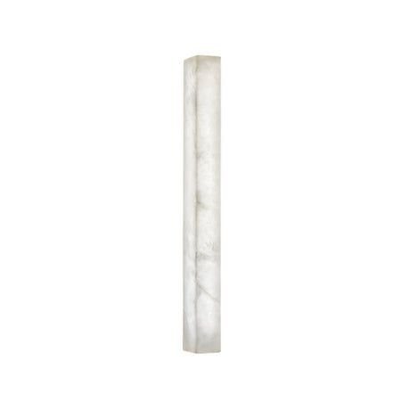 The Valmera LED Small Slim Vertical Alabaster Wall Light features a tall, slender rectangular design with a frosted white marbled look, emitting a soft, diffused glow.