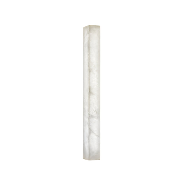 The Valmera LED Small Slim Vertical Alabaster Wall Light features a tall, slender rectangular design with a frosted white marbled look, emitting a soft, diffused glow.