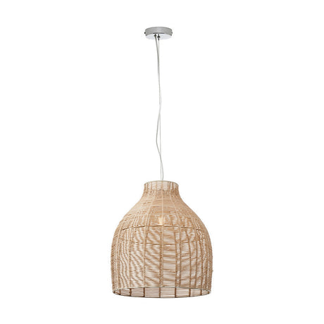 Caswell Rattan Cloche pendant light with a bell-shaped woven natural rattan shade on a chrome ceiling fitting and white cord, shown against a plain white background.