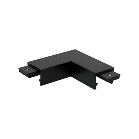 The Viora L-Shaped Track Lighting Corner Connector in black is displayed on a white background, featuring flat, rectangular ends and a sleek, modern design. It effectively joins two tracks at a right angle for optimal lighting solutions.