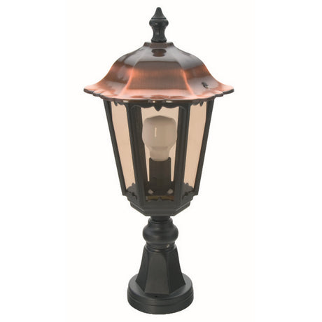 Astragal Copper Top Outdoor Bollard Light, 53cm, hexagonal glass lantern with black cast frame and pedestal base, copper-finish domed roof, on a plain white background.