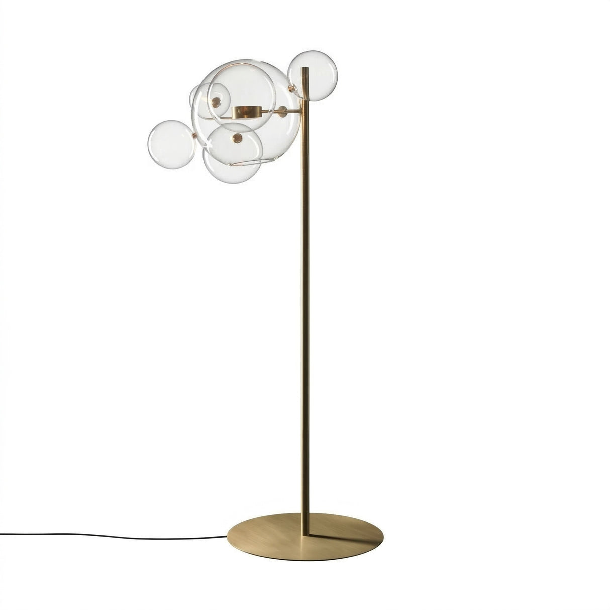 The Bubble LED Glass Floor Lamp - Gold features a modern gold base and a cluster of clear glass orbs around the bulb, with a black power cord. Perfect for stylish spaces, it stands out against any background.