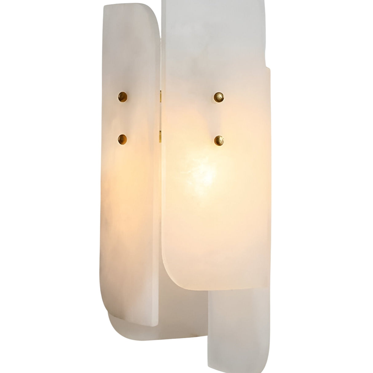 A modern wall sconce with curved white panels and gold fasteners glows softly—perfect to pair with the Lioren 1 Light Vertical Slab Alabaster Single Pendant Light in Soft White for a cohesive, contemporary look.