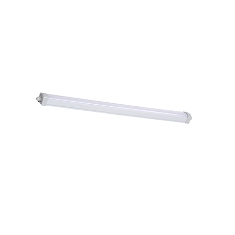 Kanlux TP Strong 60W LED batten in white plastic, long linear IP65 fixture with frosted diffuser, shown on a plain white background.