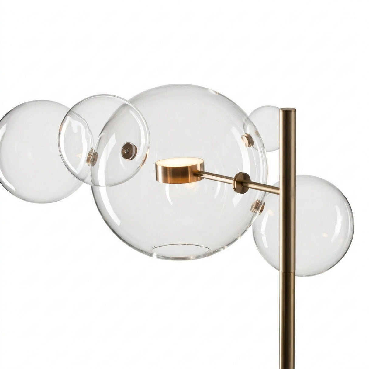 The Bubble LED Glass Floor Lamp - Gold features a modern design with multiple clear glass orbs of varying sizes clustered around a central light source.