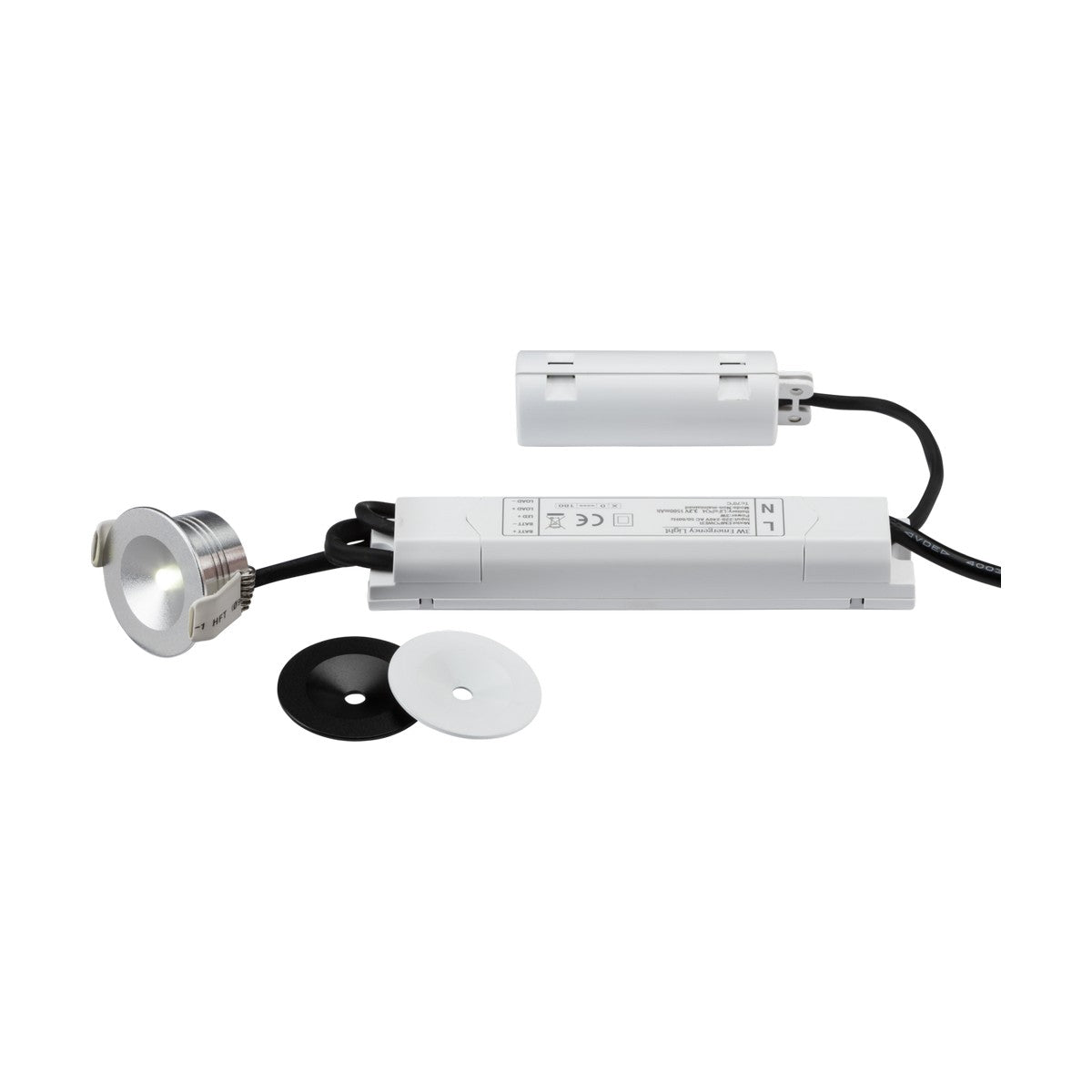 The 3W LED Emergency Downlight 6000K kit features a modern design with a silver casing, including a 3W LED and a 230V IP20 rating. It comes equipped with a power driver and includes two additional mounting rings, one black and one white, offering versatile installation options. This setup is ready for seamless integration into your space.