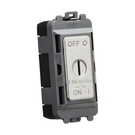 A brushed chrome 10A fan isolator key switch module featuring an OFF position at the top and ON at the bottom. It is labeled FAN isolator and mounted on a sleek black and gray frame with TOP embossed above, as part of the Knightsbridge Grid system.