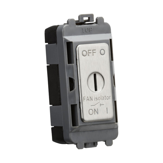 A brushed chrome 10A fan isolator key switch module featuring an OFF position at the top and ON at the bottom. It is labeled FAN isolator and mounted on a sleek black and gray frame with TOP embossed above, as part of the Knightsbridge Grid system.