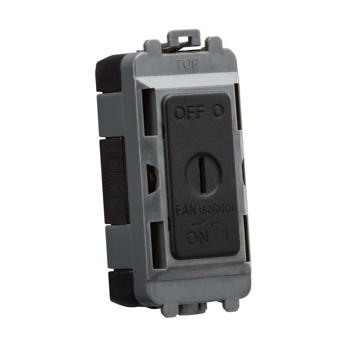 A close-up of the 10A Fan Isolator Key Switch Module in Matt Black, showcasing a black button labeled FAN isolator. It offers two positions with OFF at the top and ON at the bottom. The key switch is encased in a gray frame marked TOP at the upper edge.