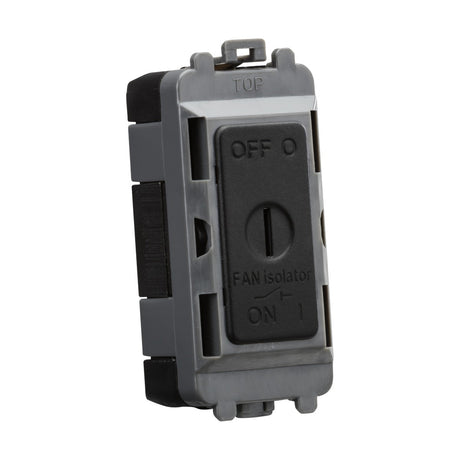 A close-up of the 10A Fan Isolator Key Switch Module in Matt Black, showcasing a black button labeled FAN isolator. It offers two positions with OFF at the top and ON at the bottom. The key switch is encased in a gray frame marked TOP at the upper edge.
