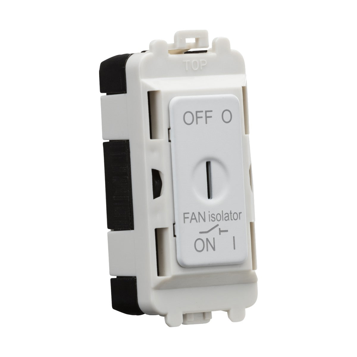 The 10A Fan Isolator Key Switch Module in Matt White showcases a white fan isolator switch with OFF at the top and ON at the bottom. Centrally housed within a rectangular plastic casing, this grid fan isolator is expertly crafted for seamless electrical installations.