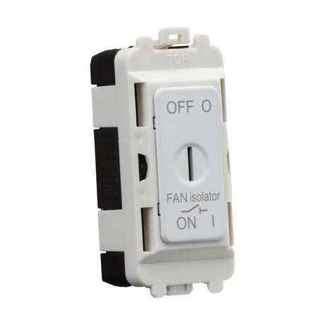 The 10A Fan Isolator Key Switch Module in Matt White showcases a white fan isolator switch with OFF at the top and ON at the bottom. Centrally housed within a rectangular plastic casing, this grid fan isolator is expertly crafted for seamless electrical installations.