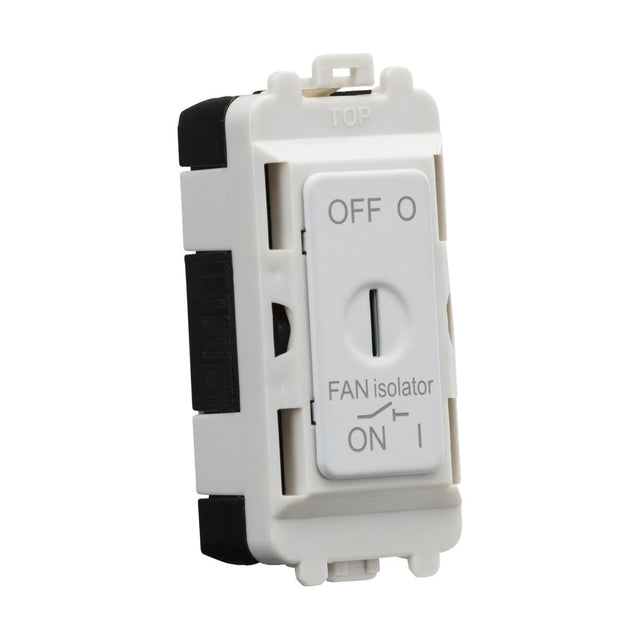 The 10A Fan Isolator Key Switch Module in Matt White showcases a white fan isolator switch with OFF at the top and ON at the bottom. Centrally housed within a rectangular plastic casing, this grid fan isolator is expertly crafted for seamless electrical installations.