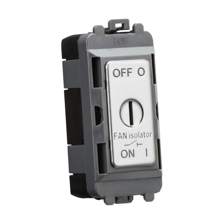 Close-up of a Knightsbridge grid system 10A Fan Isolator Key Switch Module - Polished Chrome with OFF and ON positions. The switch is set to the OFF position and labeled FAN isolator. The polished chrome casing features gray and black accents in a vertical orientation, integrating seamlessly into the versatile grid system.